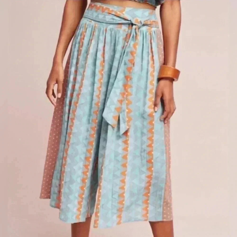 ANTHROPOLOGIE Feather Bone Demetria Wide Leg Shorts Skirt Teal Green Orange SZ S